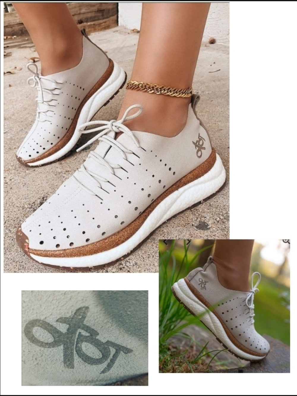 OTBT Light Beige Perforated Lace-Up Sneaker with Cork-Trim